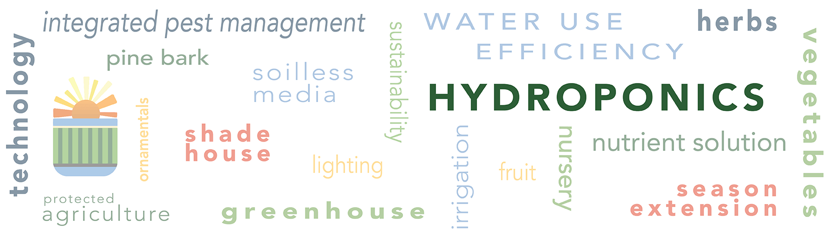 banner displaying the word hydroponic surrounded Urban Agriculture, Irrigation, Technoogy, integrated pest management, business and marketing, food safety, protected agriculture, rergulation and policy, economic impact, livestock production, season extension, sustainability, pasture management, farmscaping and farm systems, postharvest handling, aquaponics
